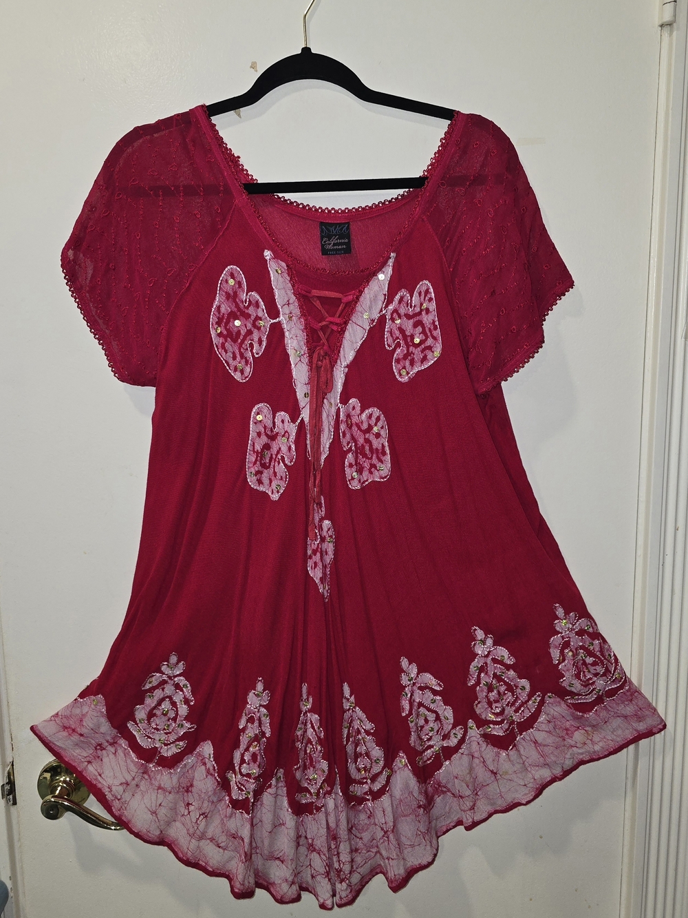 Embroidered Lace-Up Raspberry Women's Tunic Top